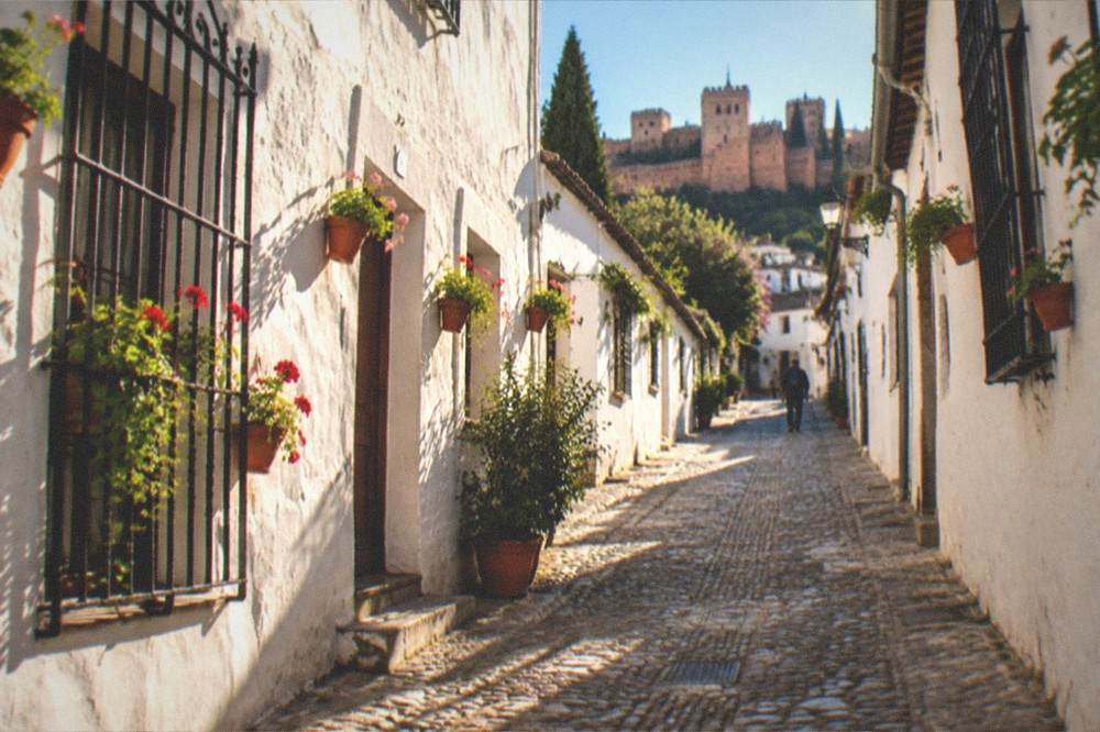 A narrow cobbled lane with white houses and flower pots in the Albaicin quarter of Granada