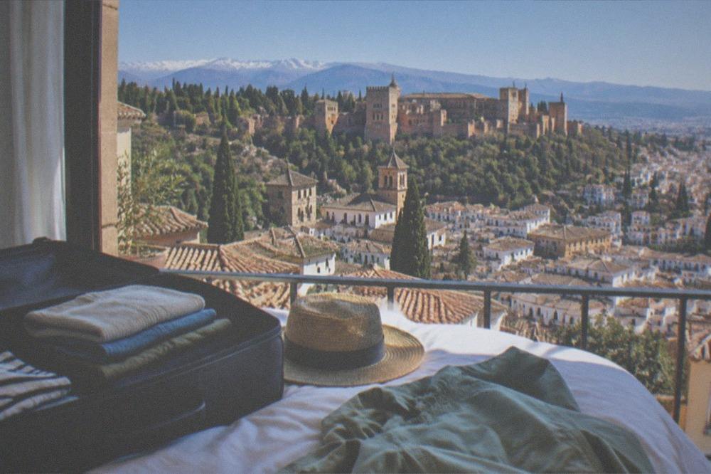 A traveller's open suitcase with folded layers, a sun hat and a light rain jacket on a hotel bed