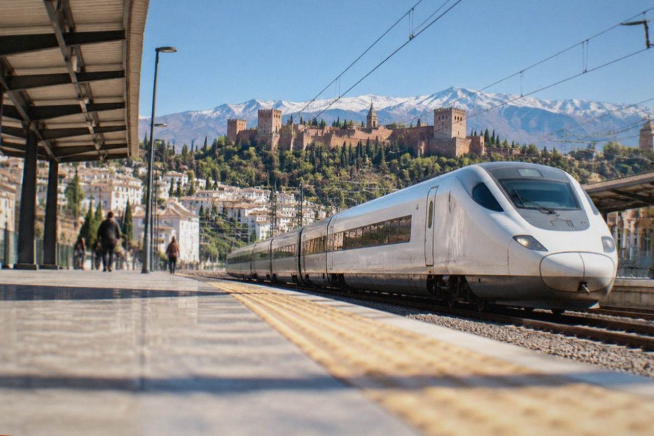 A high-speed train at a Spanish railway station with mountains in the distance
