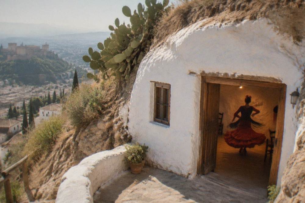 A flamenco dancer mid-turn inside a whitewashed cave chamber, skirt flaring under warm stage light