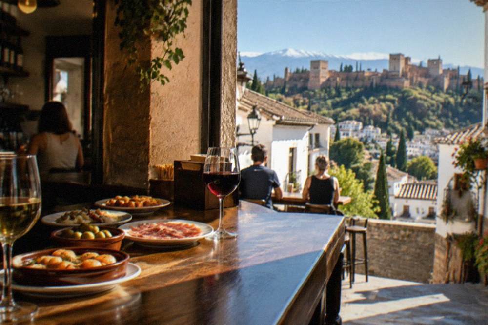 A lively Granada tapas bar interior with plates of food and glasses of wine on the counter