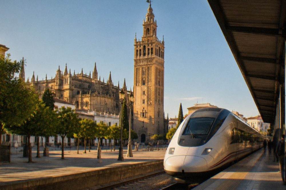 A high-speed train waiting at a platform in a Spanish railway station