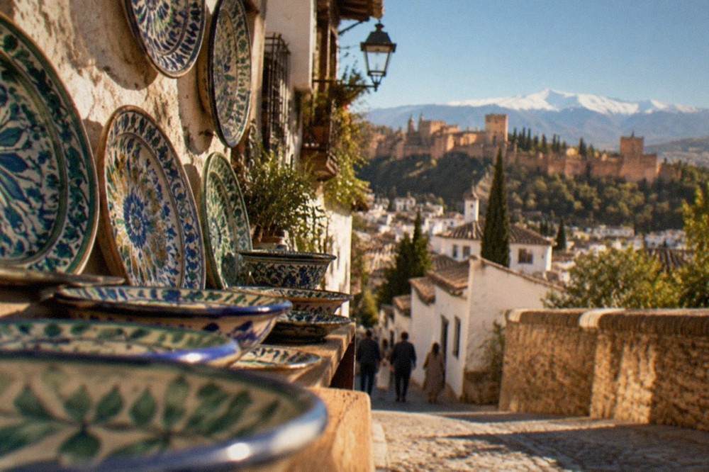 Hand-painted green and blue ceramic plates displayed in a Granada craft shop