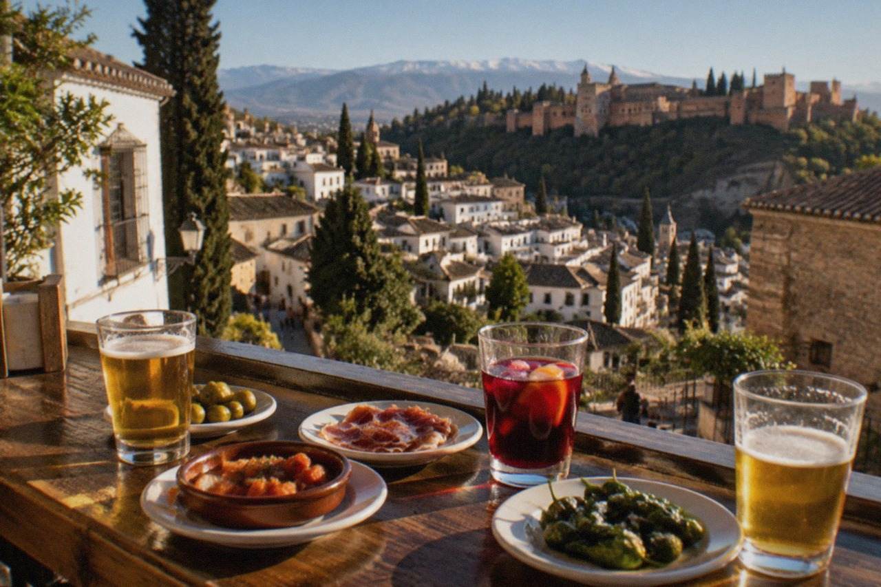 A Granada tapas bar counter with small plates of food and glasses of beer and tinto de verano