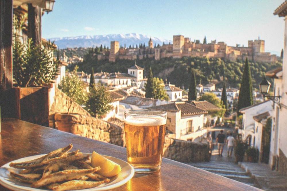 A plate of fried fish and a small beer on a Granada bar counter