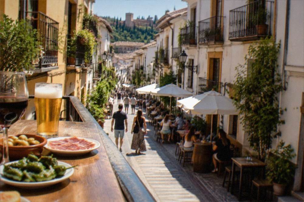 Glasses of wine and beer on a wooden bar top with tapas plates