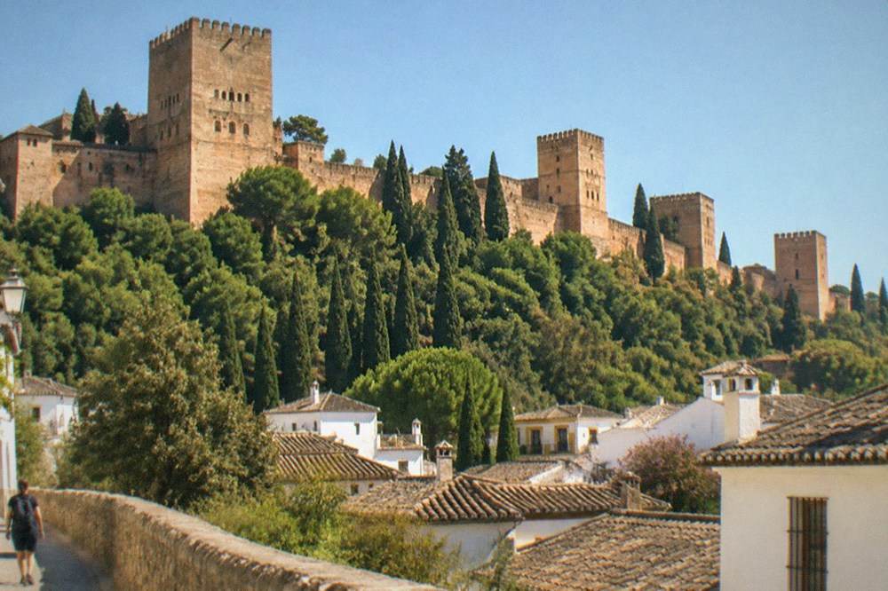 The towers of the Alhambra rising above trees with Granada rooftops in the foreground
