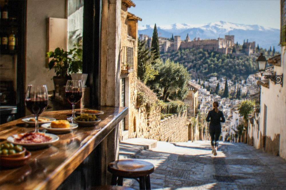 A traditional Granada bar counter with small plates of tapas and glasses of wine