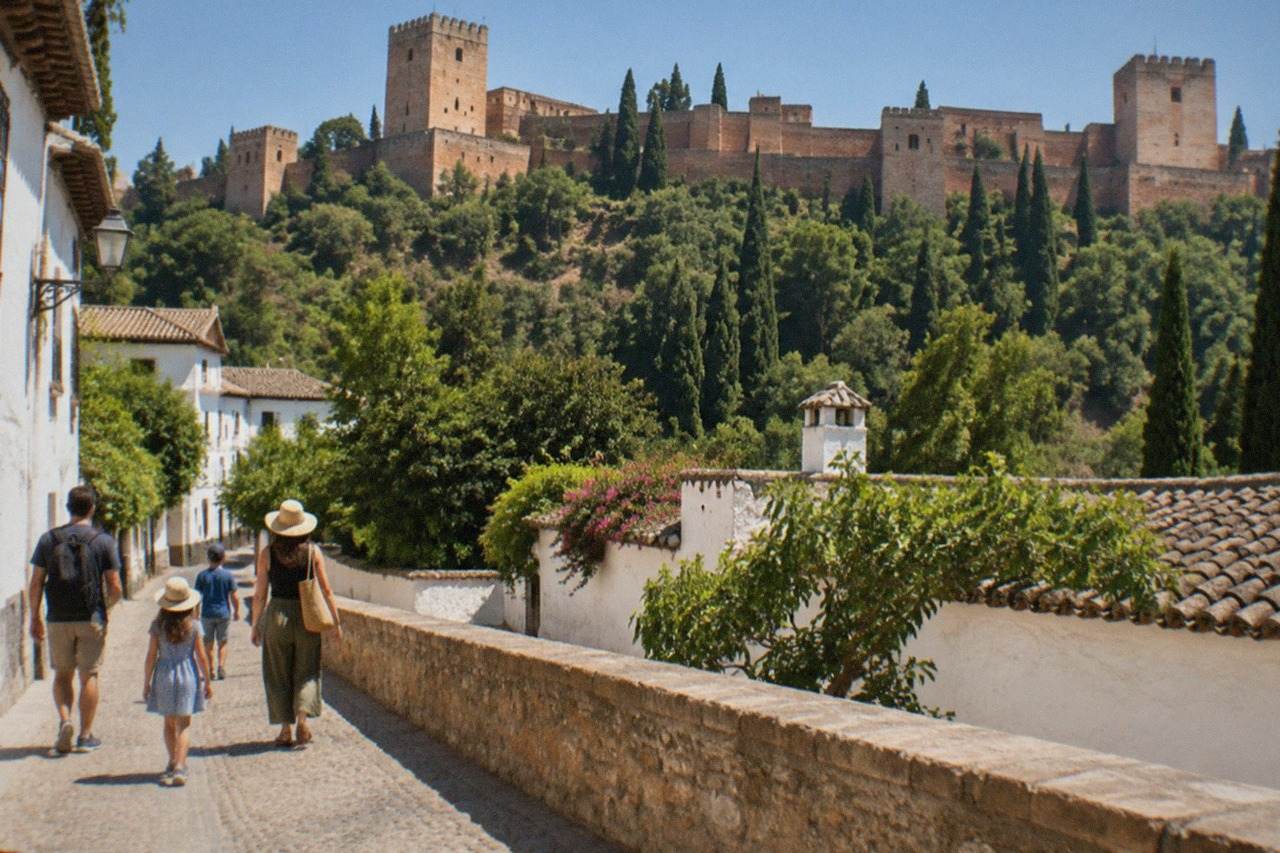 A family walking a sunny Granada street with the Alhambra on the hillside behind them