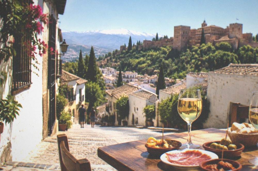 A Granada tapas bar counter with small plates and glasses of wine